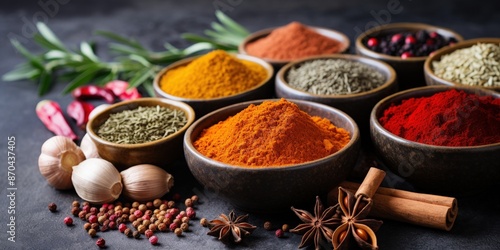 Assortment of Spices in Bowls on Dark Background