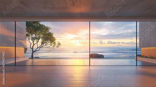 large window oak wooden room gallery opening to beach sunset landscape