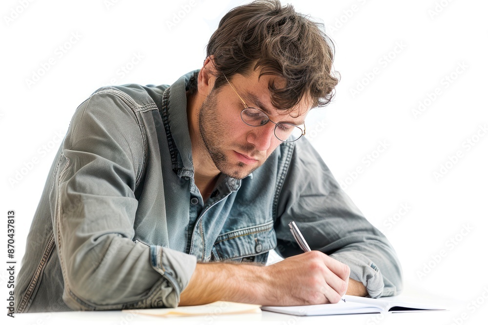 Teacher writing notes, thoughtful expression, Portrait half-body, hyper-realistic, high detail, photorealistic, white background, Key Light, fill light, back light