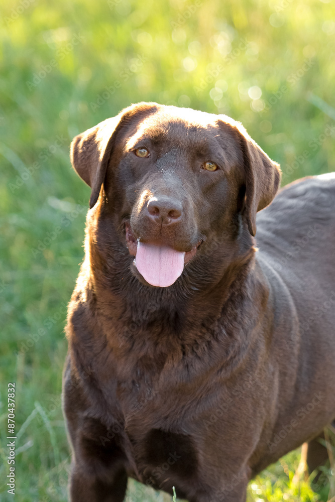 chocolate labrador walks on green grass chocolate labrador walks on green grass