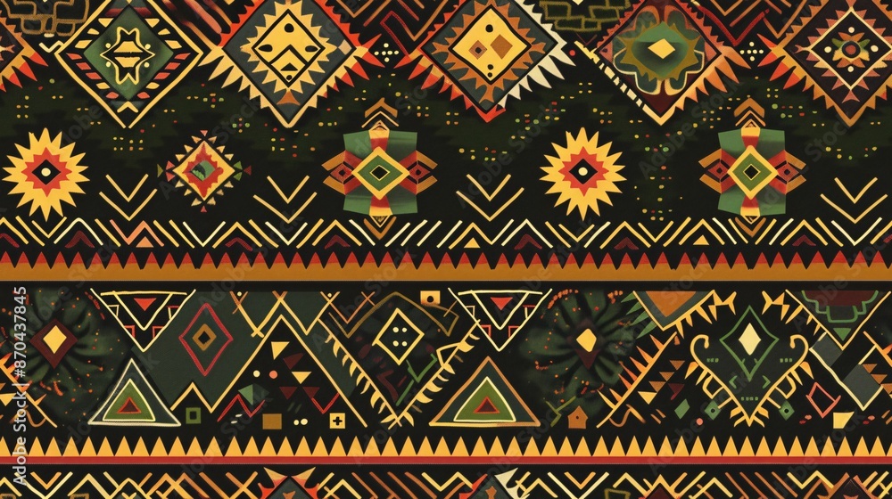 a seamless pattern of an Aztec and African tribal textile with geometric patterns in brown, yellow, red and purple colors, on dark background. The design incorporates warm tones and earthy hues, a seamless pattern of an Aztec and African tribal textile with geometric patterns in brown, yellow, red and purple colors, on dark background. The design incorporates warm tones and earthy hues,