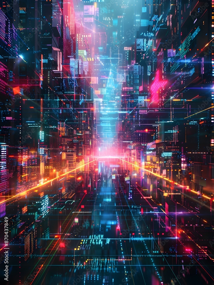 Fototapeta premium Neon Lit Digital Data Metropolis with Shimmering Glitching Fractal Flows
