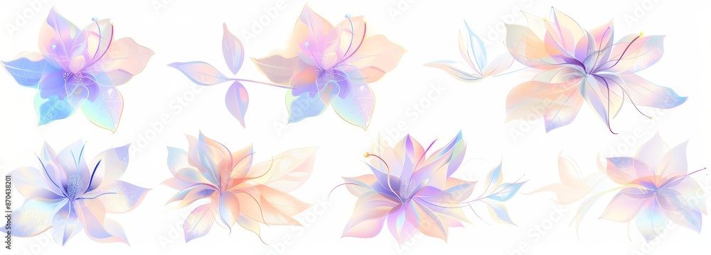 On a transparent background, holographic flowers and leaves are displayed On a transparent background, holographic flowers and leaves are displayed
