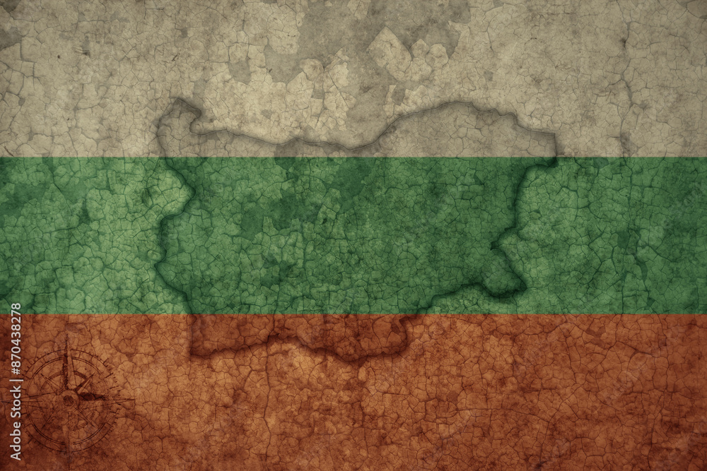 map and flag of bulgaria on a old vintage crack paper background . map and flag of bulgaria on a old vintage crack paper background .
