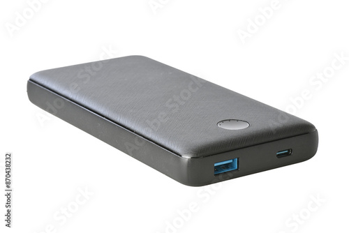 Black powerbank with usb port and usb c port on white background