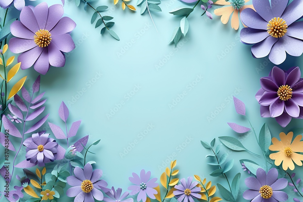 Top view of a blue green background with purple and yellow flowers. Top view of a blue green background with purple and yellow flowers.