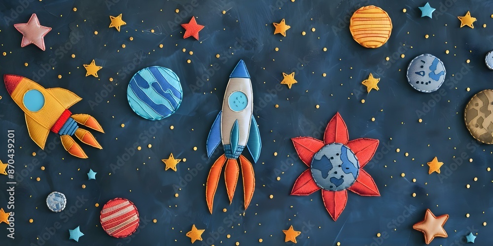 Spacethemed embroidery pattern featuring rockets planets stars and galaxies. Concept Space-Themed Embroidery, Rockets, Planets, Stars, Galaxies