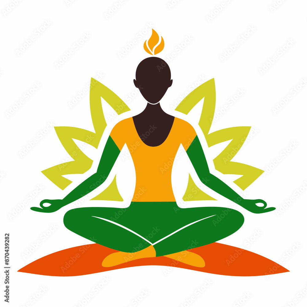 A woman sits in lotus position with a flame above her head A woman sits in lotus position with a flame above her head