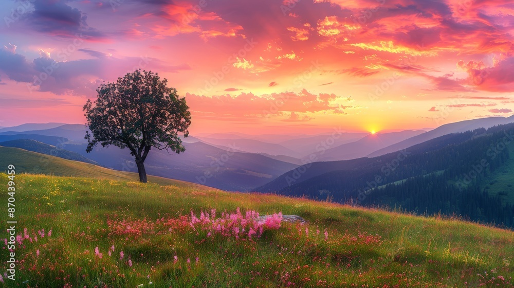 Lonely tree on the mountain meadow and majestic sunset sky. Lonely tree on the mountain meadow and majestic sunset sky.