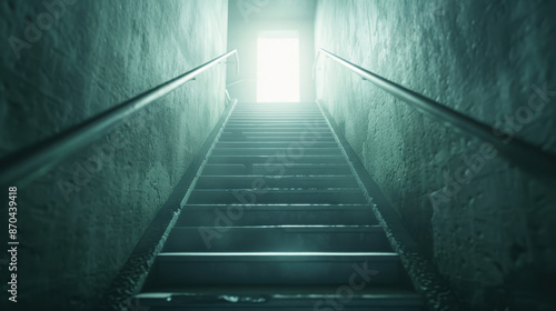 A dimly lit staircase leading up to a bright light, evoking a mysterious and eerie atmosphere.