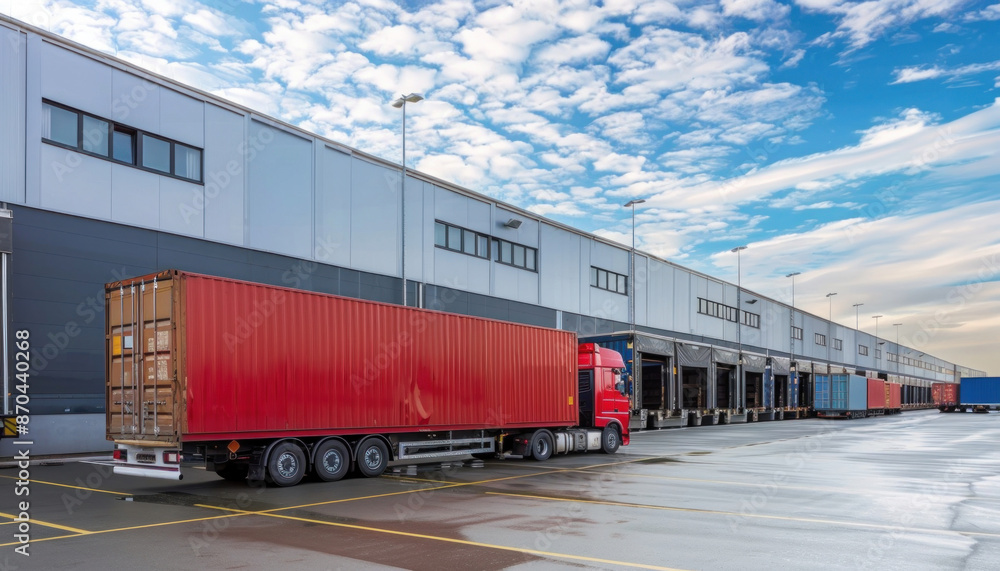 In the city, a red truck is parked in front of a large warehouse, blending with the urban backdrop In the city, a red truck is parked in front of a large warehouse, blending with the urban backdrop