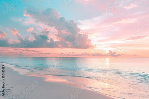 Closeup beach scene. Horizontal tropical beach. Orange and golden sunset sky calmness tranquil relaxing sunlight summer mood. Vacation travel banner.