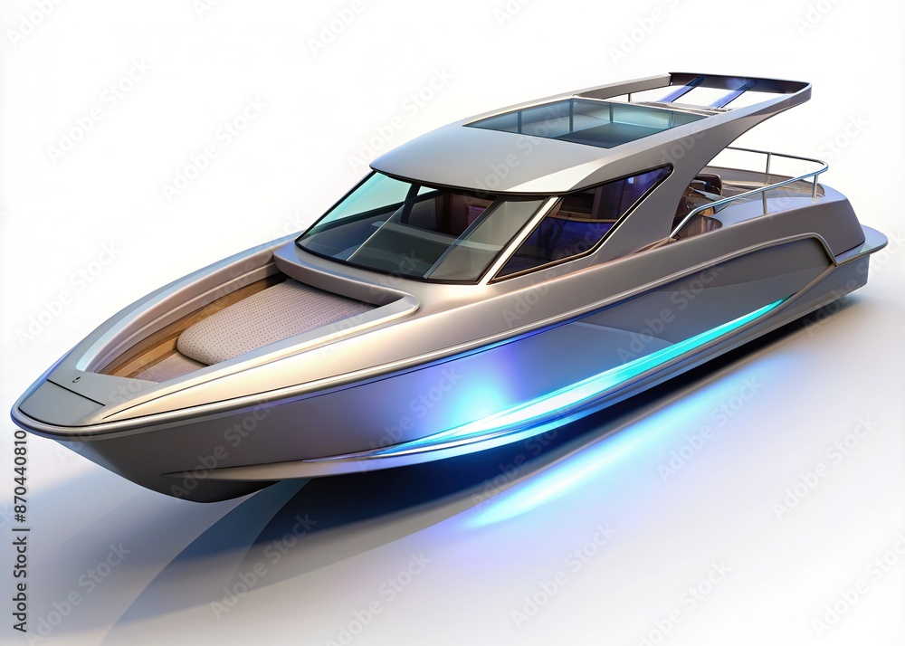 Sleek, silver, and angular, a state-of-the-art electric catamaran boat with a futuristic design and neon-lit accents floats serenely on a pure white background, awaiting passengers. Sleek, silver, and angular, a state-of-the-art electric catamaran boat with a futuristic design and neon-lit accents floats serenely on a pure white background, awaiting passengers.