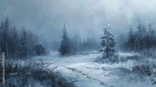 Misty winter landscape featuring a snow-covered forest and a lonely cabin, capturing the serene and quiet beauty of a snowy morning in nature.