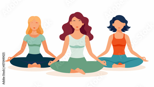Three women are seated in a lotus position practicing yoga together