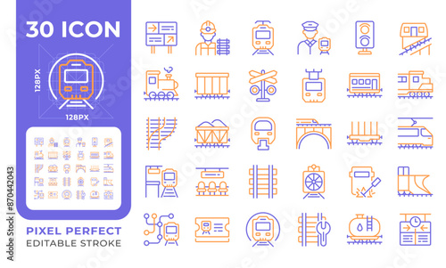 Railway industry two color line icons set. Railroad company. Rail transport. Train station. Urban commuting bicolor outline iconset isolated. Duotone pictograms thin linear. Editable stroke