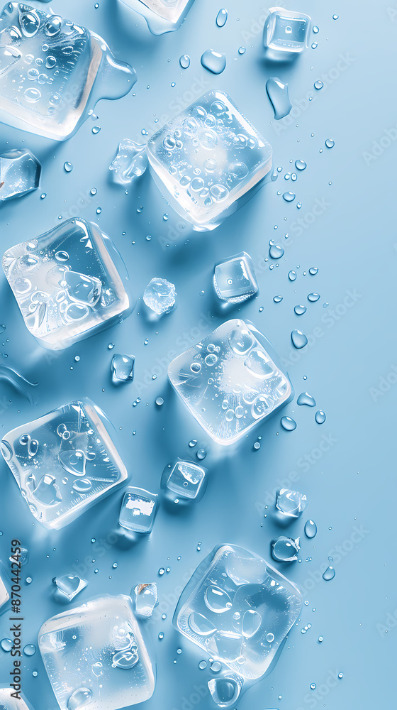 Scattered ice cubes on light blue background Scattered ice cubes on light blue background