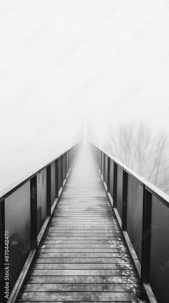 Misty bridge leading into the foggy distance, black and white photography. Mystery and solitude concept Misty bridge leading into the foggy distance, black and white photography. Mystery and solitude concept