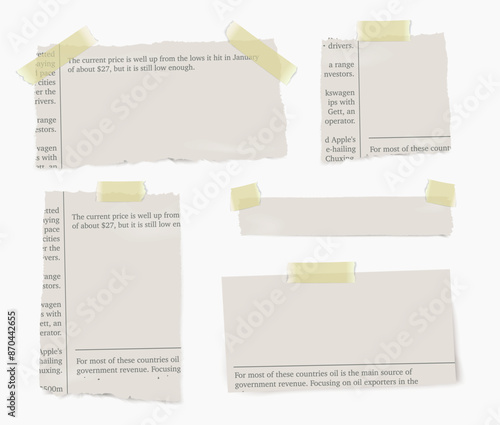 Realistic vector pieces of newspaper with yellow adhesive tape on transparent background.