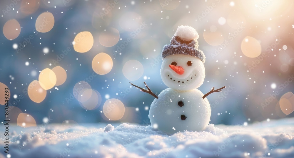 Fototapeta premium A panoramic view of a snowman in a winter landscape with copy space