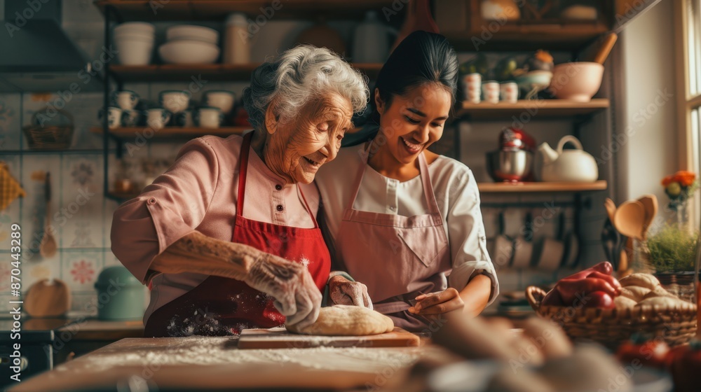 The grandmother and granddaughter cooking The grandmother and granddaughter cooking