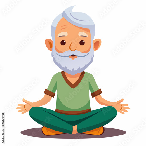 An elderly man with a beard is peacefully seated in a lotus position