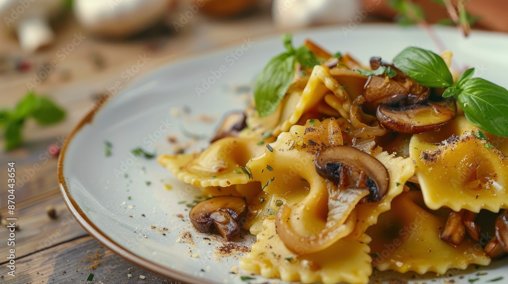 A Portion Of Pasta Triangoli Stuffed With Savory Chanterelle Mushrooms, Onions, And Herbs, Presented Up Close A Portion Of Pasta Triangoli Stuffed With Savory Chanterelle Mushrooms, Onions, And Herbs, Presented Up Close
