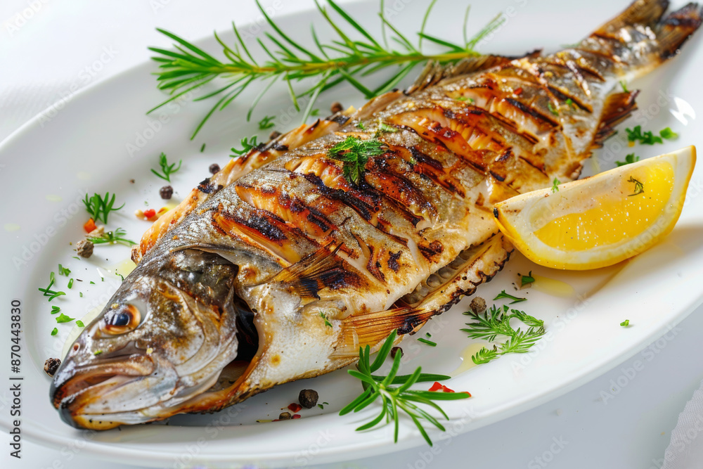 Grilled Fish with Lemon and Herbs on a White Plate Grilled Fish with Lemon and Herbs on a White Plate