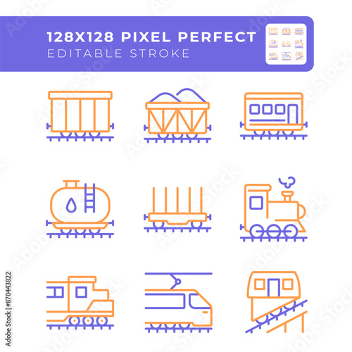Railway logistics two color line icons set. Rail freight transport. Railroad track. Train wagon. Train cars bicolor outline iconset isolated. Duotone pictograms thin linear. Editable stroke