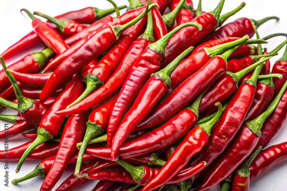 Vibrant fresh organic red hot natural chili peppers isolated on a white background, with intricate details and textures, perfect for culinary and healthy eating concepts. Vibrant fresh organic red hot natural chili peppers isolated on a white background, with intricate details and textures, perfect for culinary and healthy eating concepts.