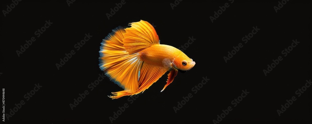 A small fish with a long tail is swimming in a black background. Free copy space for text. A small fish with a long tail is swimming in a black background. Free copy space for text.