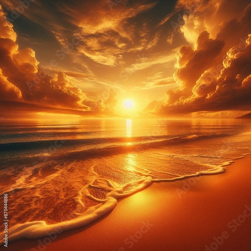 Golden Sunrise: The sun rising over the horizon, casting a golden glow on the water and sand 001 photo