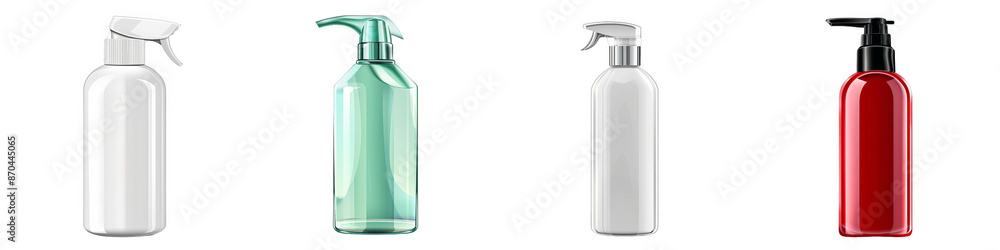 Set of Four Realistic Spray Bottles isolated on white background, Png file Set of Four Realistic Spray Bottles isolated on white background, Png file