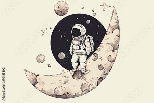 Astronaut on a crescent moon galaxy, spaceman graphic art, in the style of minimalistic serenity
