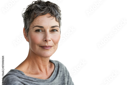 a woman with short hair and a grey shirt