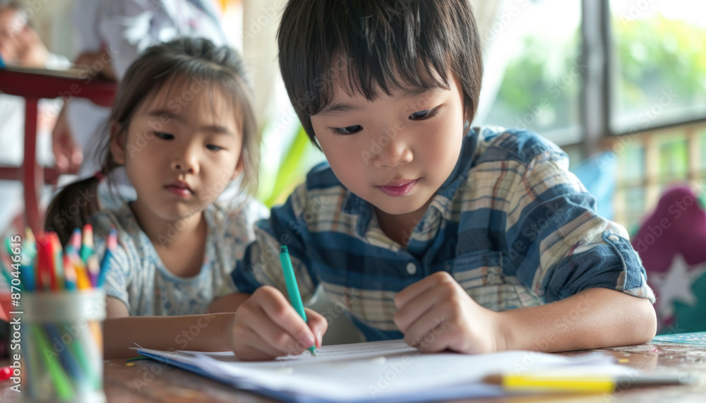 A boy and a girl are happily sitting together at a table, joyfully drawing with colorful pencils A boy and a girl are happily sitting together at a table, joyfully drawing with colorful pencils