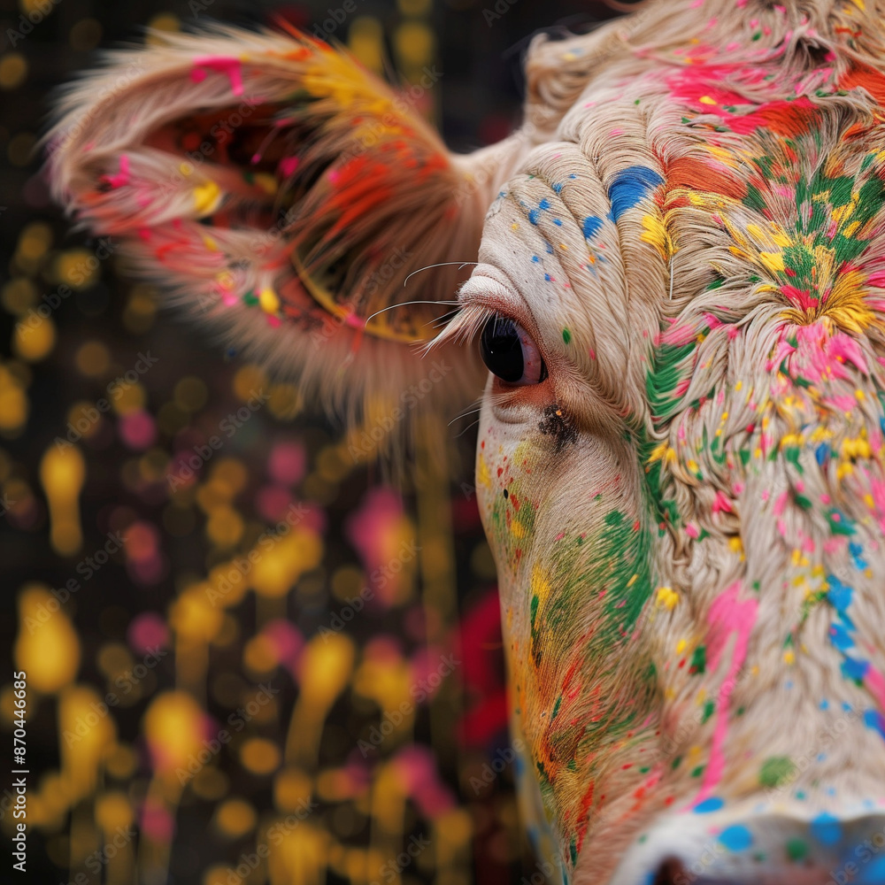 Obraz premium A close up of a cow's face with bright, colorful paint splatters in the background 