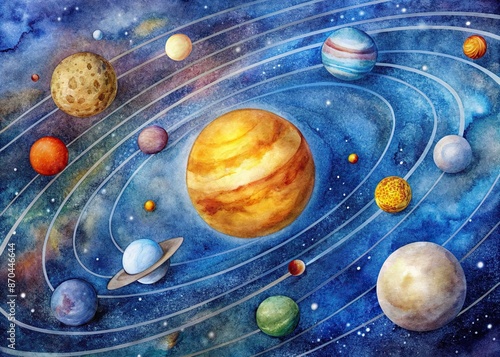 Vibrant watercolor illustration of the solar system featuring nine planets, including Mercury to Neptune, and dwarf planet Pluto, with accurate orbital paths and Earth's moon. photo