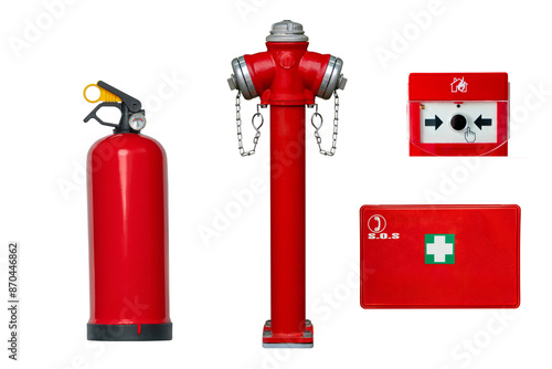 fire hydrant, fire extinguisher, first aid kit and fire alarm isolated on white background photo