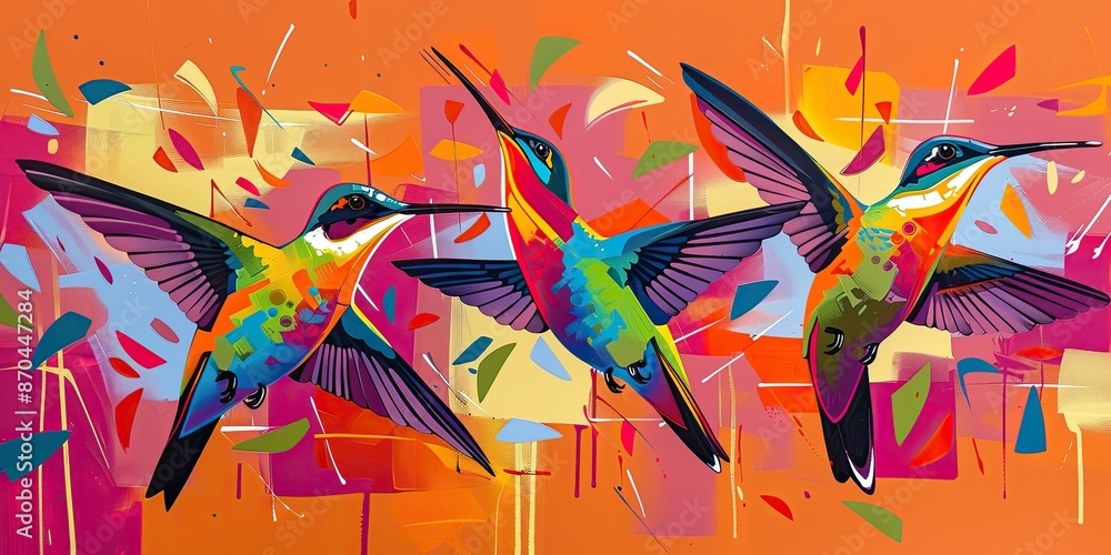 Fototapeta premium Colorful Hummingbirds with Splattered Background