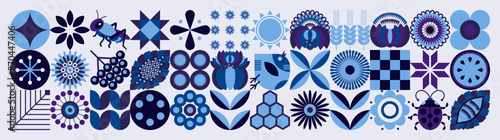 Winter illustration from Ukraine Geometric floral pattern. Scandinavian mosaic style. The concept of ecological agriculture, farming, botany and poultry farming. Blue tones