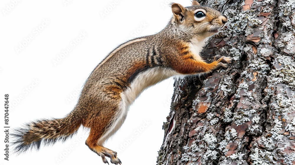 Squirrel jumping from a tree trunk isolated on white background Squirrel jumping from a tree trunk isolated on white background