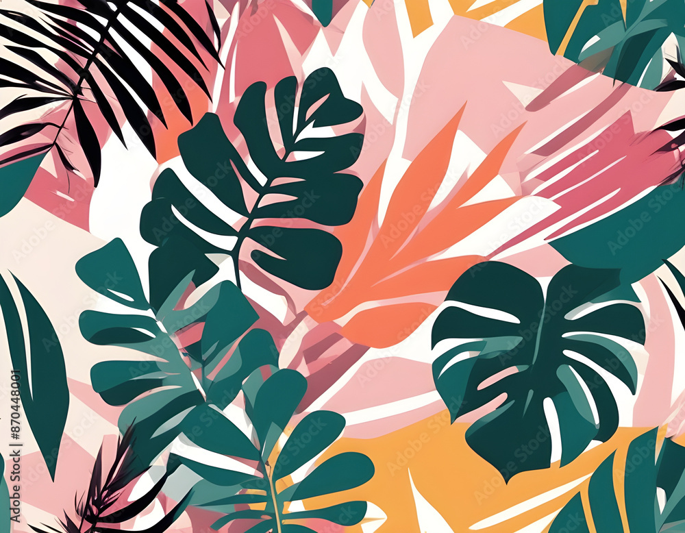 Beautiful seamless floral pattern background with palm tropical leaves and abstract forms. Abstract geometric texture. Beautiful seamless floral pattern background with palm tropical leaves and abstract forms. Abstract geometric texture.