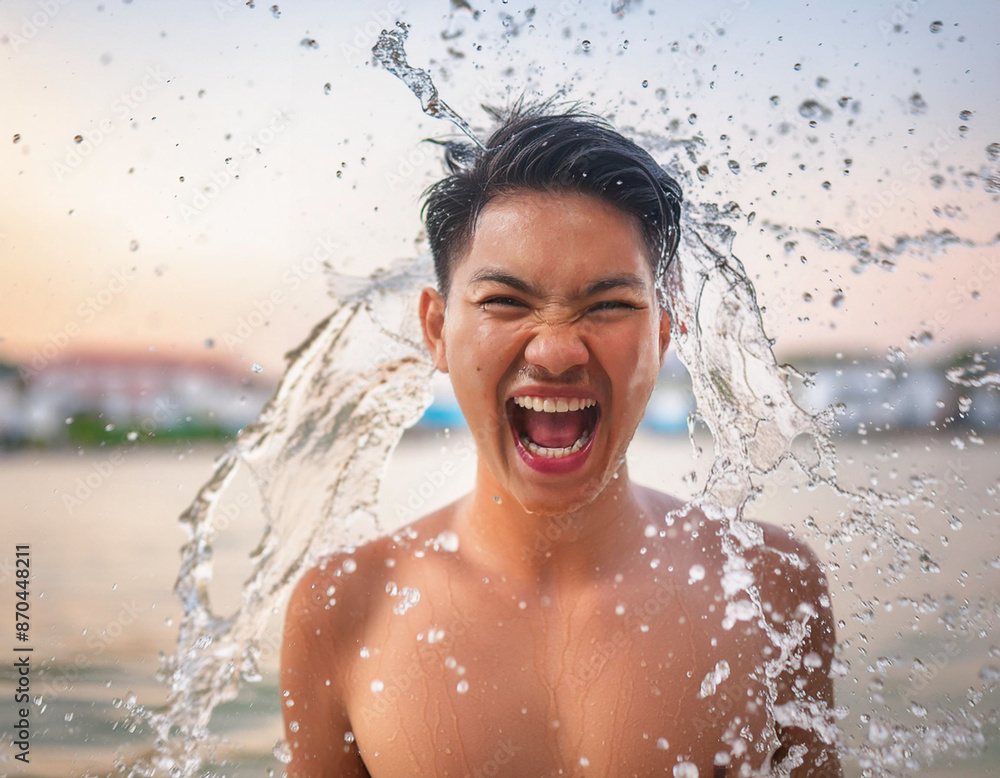 Obraz premium Man Having Fun Splashing Water at the Beach on a Sunny Summer Day