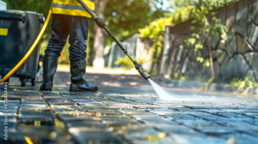 Wet cleaning of street with pressurized water. Wet cleaning of street with pressurized water.
