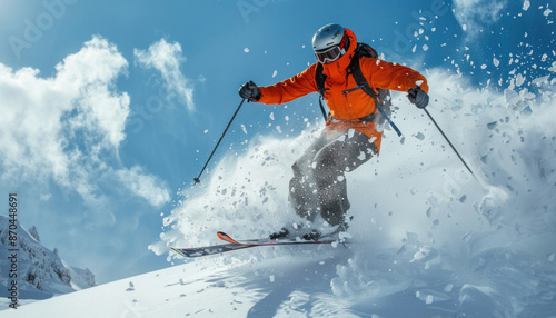 A man in an orange jacket is skiing down a snowcovered slope under the clear sky