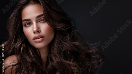 A beautiful brunette woman with long flowing hair poses against a dark backdrop in a studio setting. Her captivating gaze and natural beauty shine through