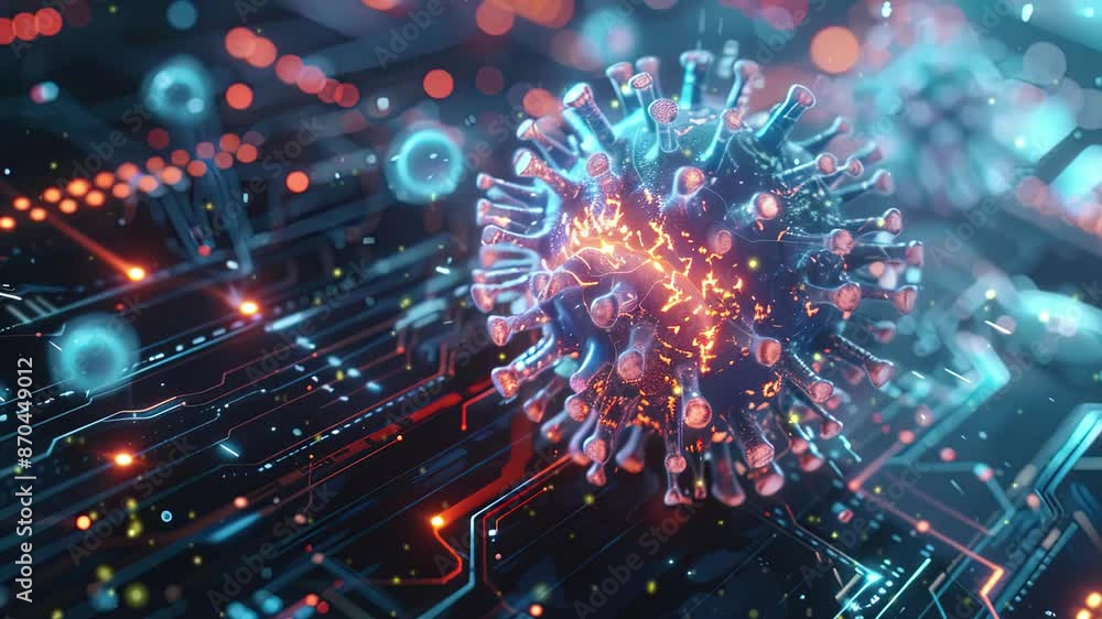 Abstract 3D visualization of a high-tech virus attacking a digital cell Abstract 3D visualization of a high-tech virus attacking a digital cell