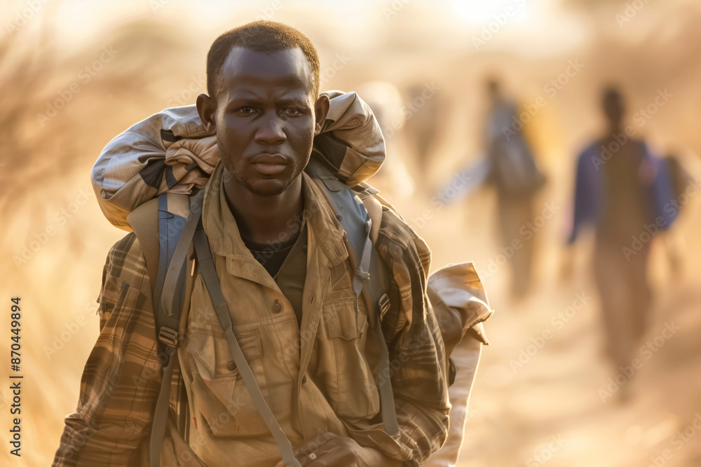A group of refugees travels through a desolate setting, carrying their backpacks, symbolizing endurance, hope, and the struggle for a better life A group of refugees travels through a desolate setting, carrying their backpacks, symbolizing endurance, hope, and the struggle for a better life
