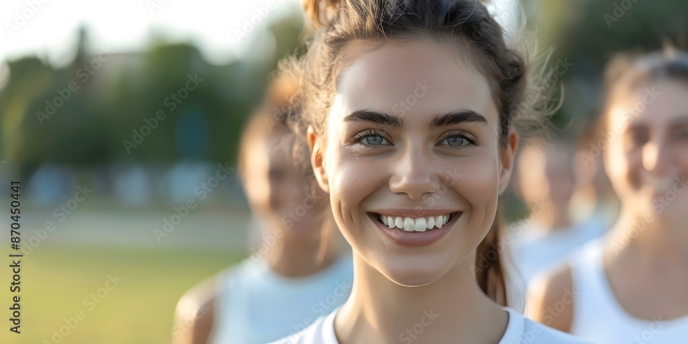 Close-up of a cheerful young woman working out in the park with a group of friends. Concept Outdoor Photoshoot, Fitness, Group Activity, Fitness Friends, Park Workout Close-up of a cheerful young woman working out in the park with a group of friends. Concept Outdoor Photoshoot, Fitness, Group Activity, Fitness Friends, Park Workout
